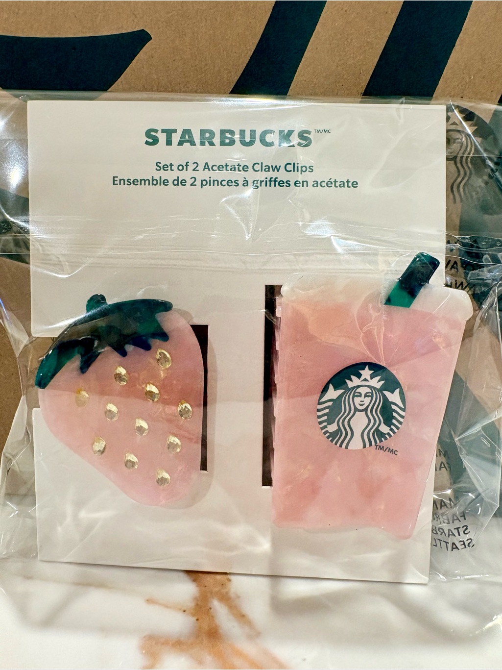Starbucks Pink Strawberry & Cup Acetate Claw Clips